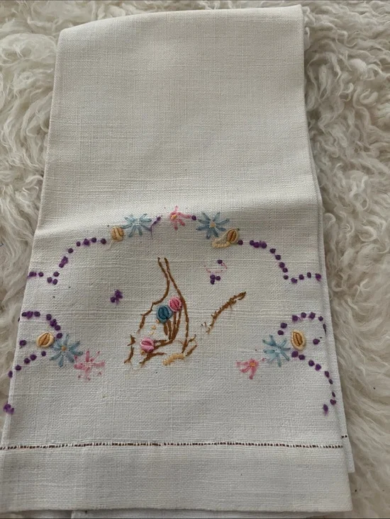 Embroidered Floral Linen Hand Towel in White with Pastel Accents