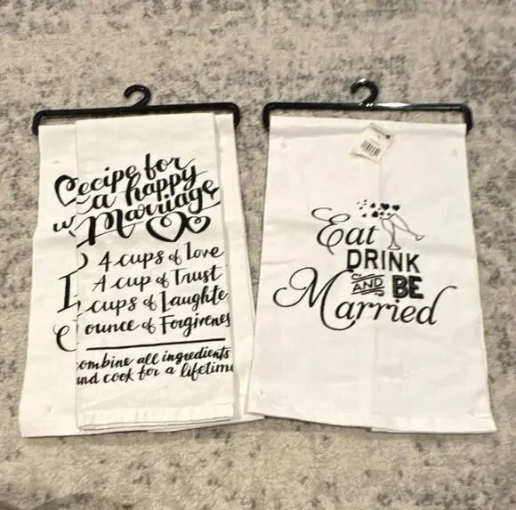Set of 2 Cotton White Kitchen Tea Towels Wedding Sayings Black Print