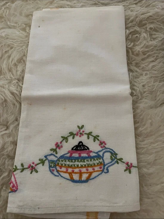 Embroidered White Cotton Tea Towel with Colorful Teapot Motif