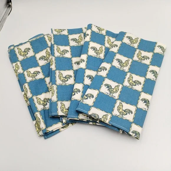 Waverly Rooster Cloth Napkins Set of 4 Blue Yellow Checkerboard Farmhouse 20