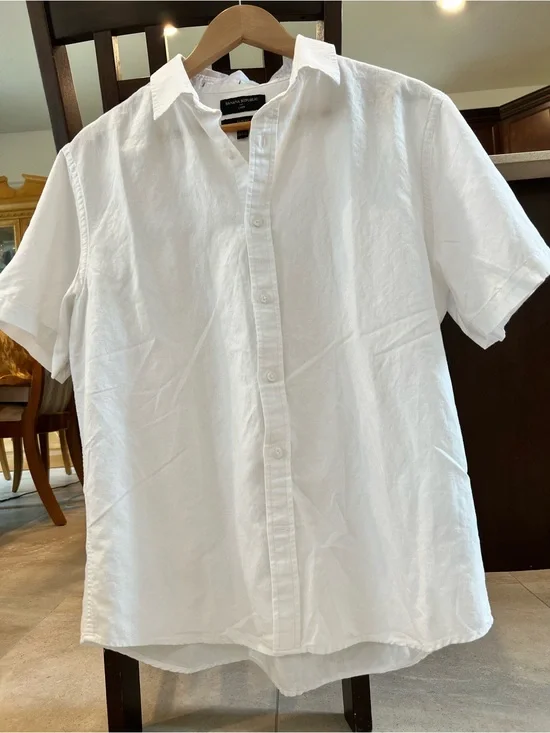 Banana Republic Slim Fit Shirt White Solid Linen Large Men's Short Sleeve Button