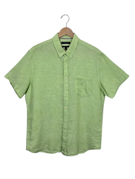 Banana Republic Camden Fit Linen Light Green Short Sleeve Button Down Large