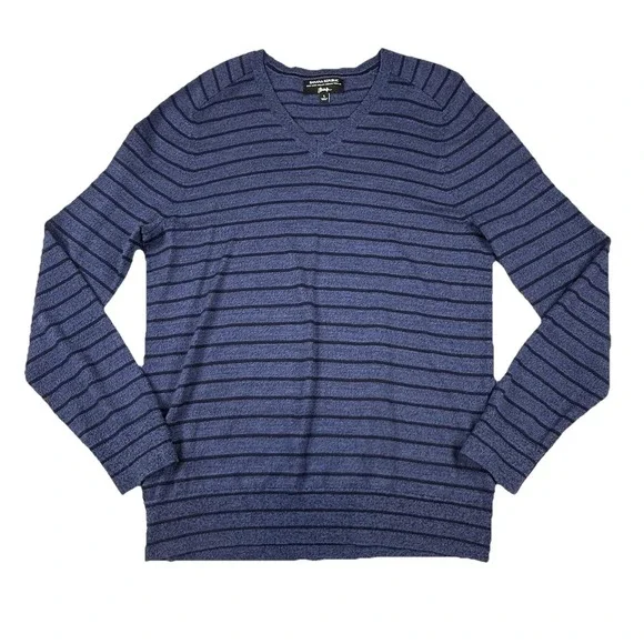 Banana Republic Baruffa Merino Wool Sweater Men's Large V Neck Blue Striped