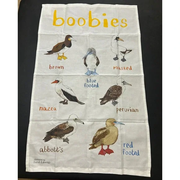 Sarah Edmonds Boobies Birds Tea Towel White Bird Pun Cotton UK Made Quirky Punny
