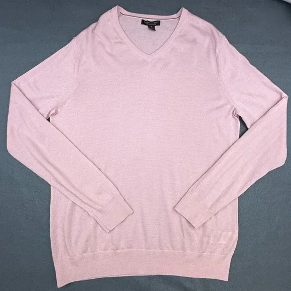 Banana Republic Sweater Mens Large Tall Pink V Neck Merino Wool Long Sleeve