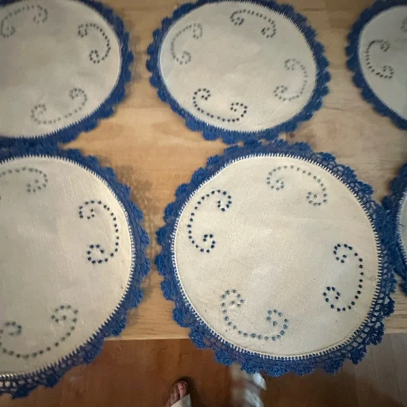 Handmade crochet  “C” embroidered doily bundle of 8. Coaster, cup mat,‎ doily.