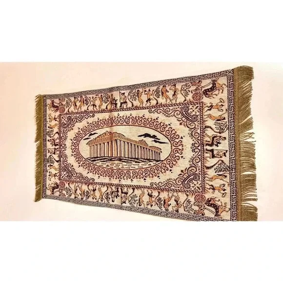 Vintage Greek Mount Olympus Table Cloth‎ Tapestry Runner Fringe Rare