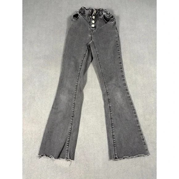 Hippie Girl Flare Jeans 8 Gray Denim Cotton Stretch Elastic Waist Frayed Hem
