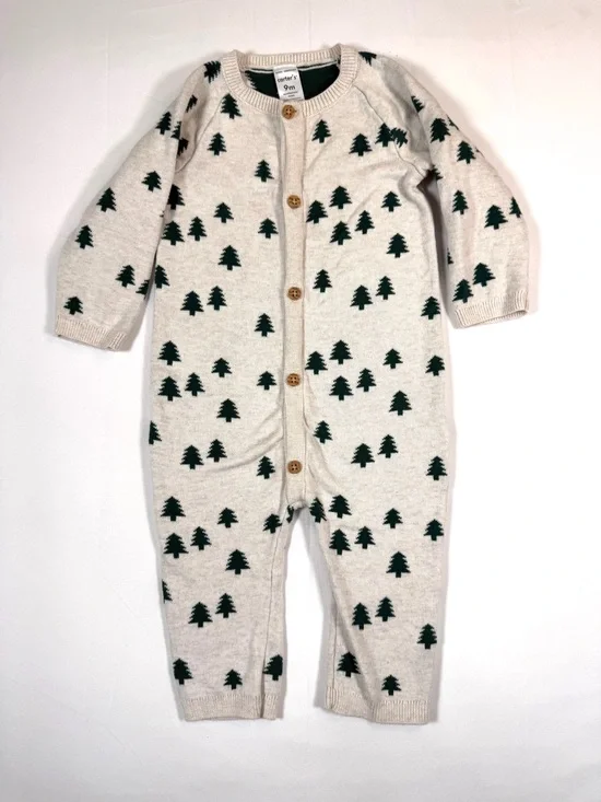CARTER’S Baby Tree Print Knit One Piece Romper 9M Cream Button Front Cotton