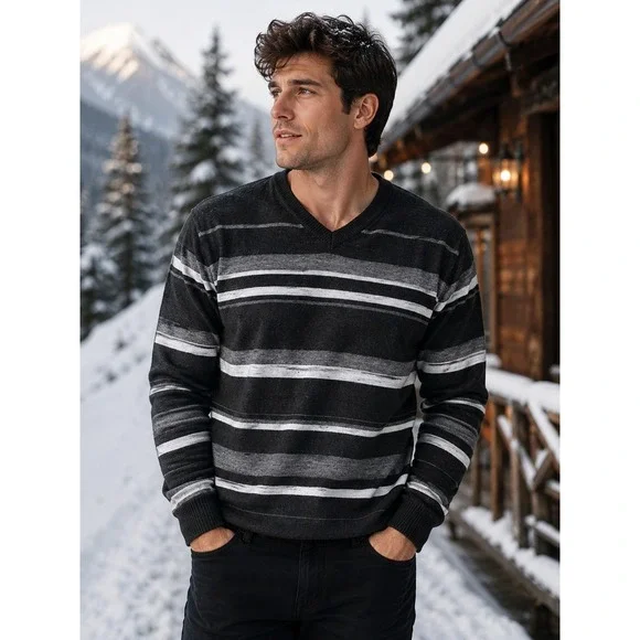 Banana Republic Men's V-Neck Merino Wool Sweater in Black and‎ Gray Stripes