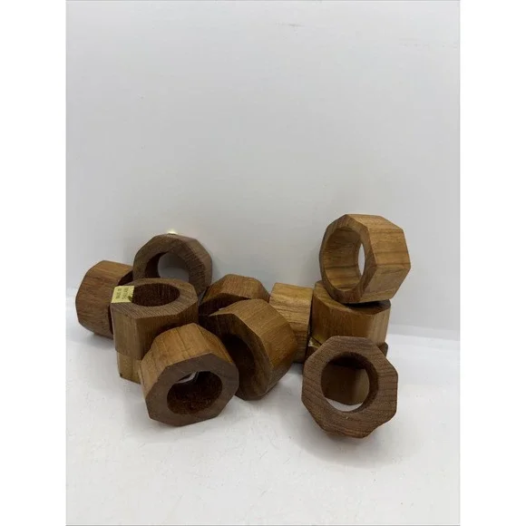 Hand Crafted‎ Teak Wood Round Napkin Rings Made in Thailand Set of 12