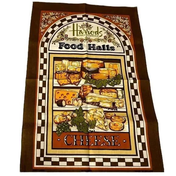 Vintage Harrods food Halls 1960s cheese tea towel Size 18 1/2” x 30”