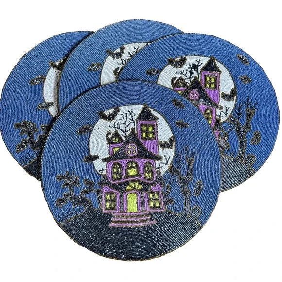 4X Nicole Miller Halloween Beaded Haunted House Placemats Chargers Spooky Decor