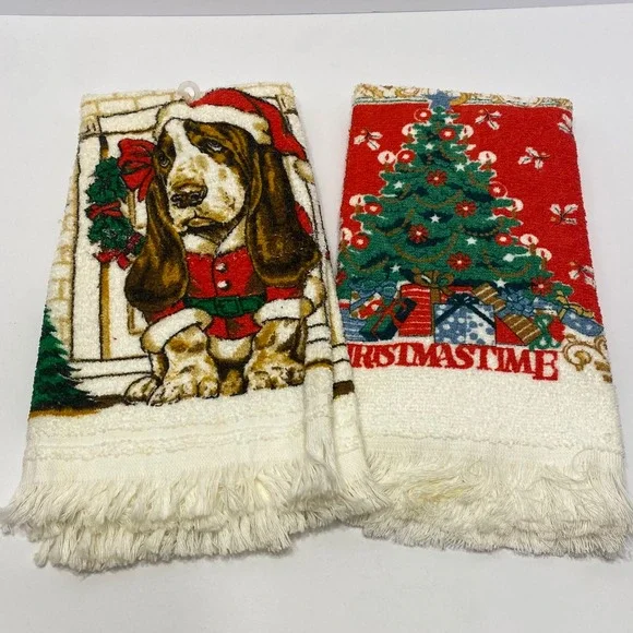 Cannon Christmas Kitchen Towel Set White Good Hush Puppies Basset Hound Tree