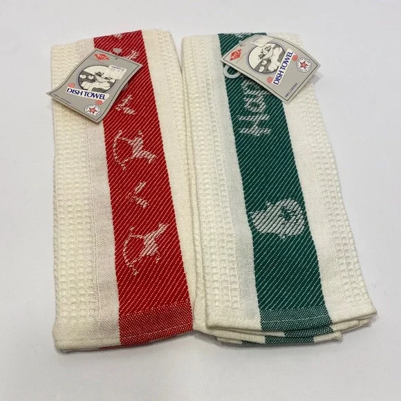 Ritz Dish Towel Set Red Green NEW Vintage 100% Cotton Waffle Weave USA