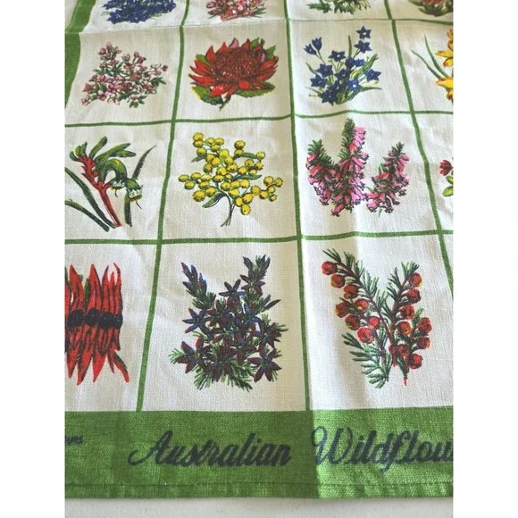 Vintage Neil Australian Wildflowers Pure Linen Tea Towel Green Floral 18x30
