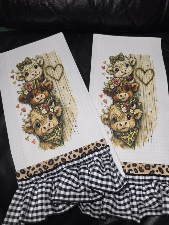 Farmhouse Trio Cow Waffle Weave Kitchen Towels with Black Gingham Ruffle