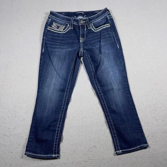 Vigoss Jeans Womens Size 2‎ Capri Blue Heritage Fit Embroidered Pockets Denim