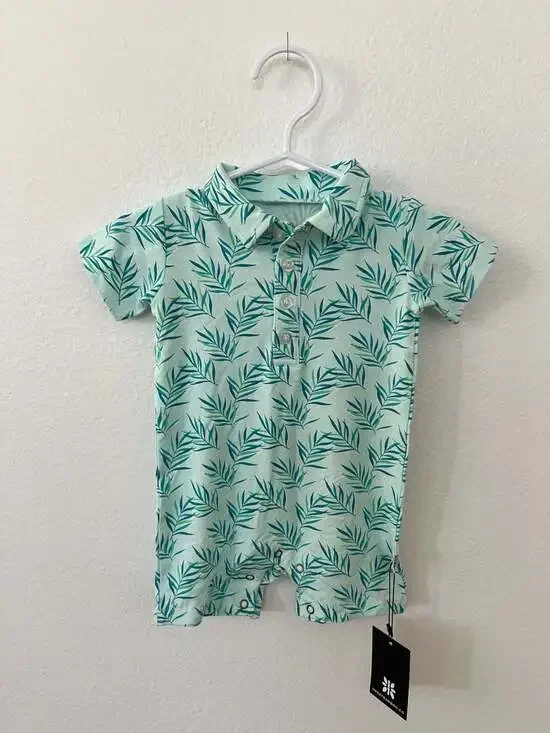 Sweet Bamboo Baby Polo Romper in Palm Leaf Print