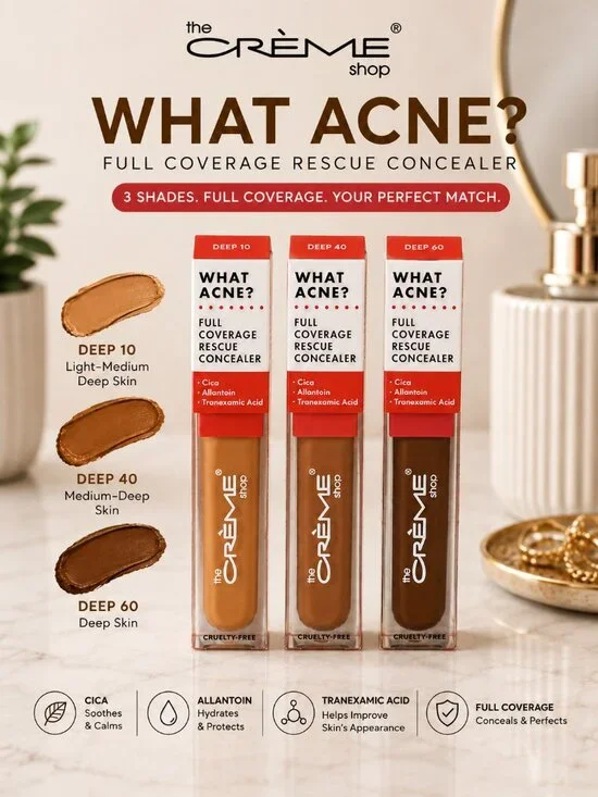 The Crème Shop What Acne? Full Coverage Rescue Concealer | Deep 10, Deep 40 & De