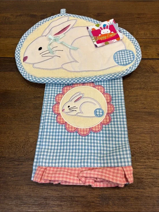 Brand New Blue Gingham Bunny Kitchen Towel and Oven Mitt Set