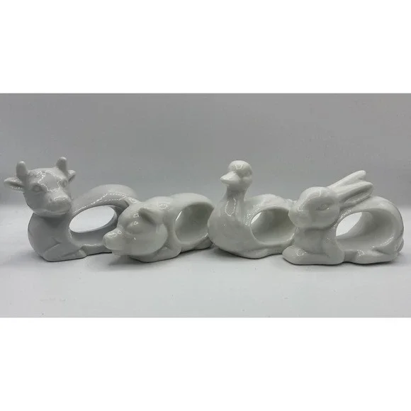 Vintage Japanese White Ceramic Napkin Rings Holders Set Of 4 Cow Pig Duck Rabbit