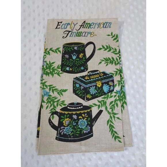 Vintage Tea Towel Early American Linen Tinware Swedish Style New Tulips Floral