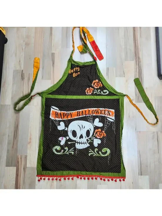 Betty Boo Happy Halloween Skull Apron with Orange Pom Pom Trim