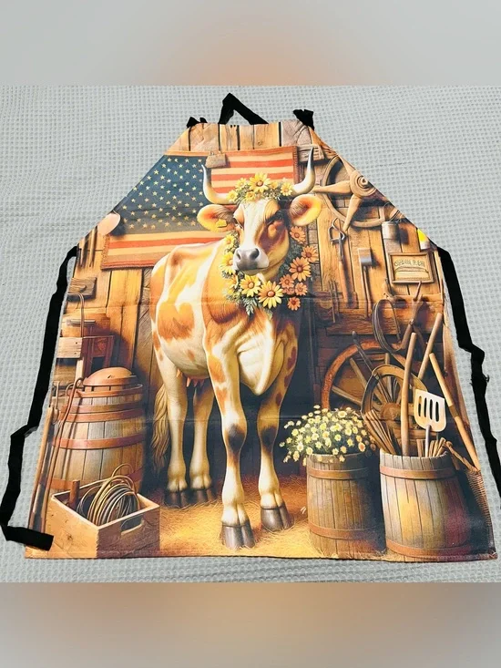 Farmhouse Cow Apron Patriotic American Flag Floral Kitchen BBQ New