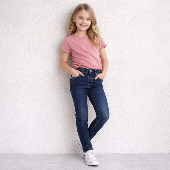 Justice Girls Premium Denim Jeans Straight Leg Snap Closure Dark Wash Blue 8R