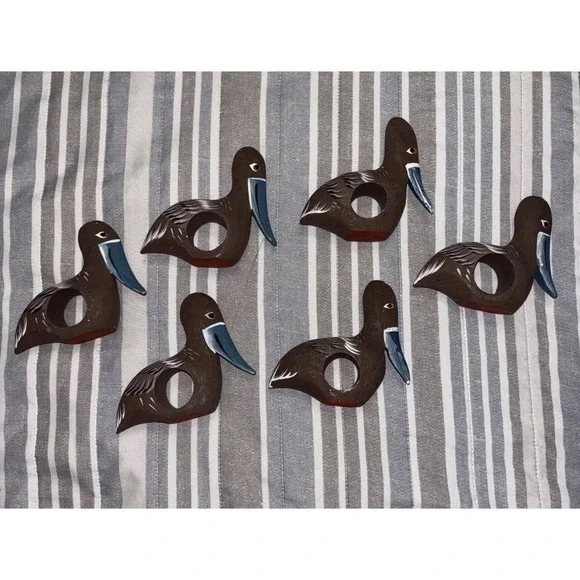 6 Pelican Napkin Ring Holders Wood Hand Carved Beach Bird Coastal Nautical