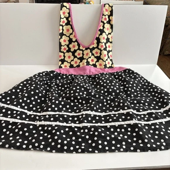 Gourmet Club Hostess Apron, Black Polka Dot Floral Pink, Retro 1950's, 0ne Size