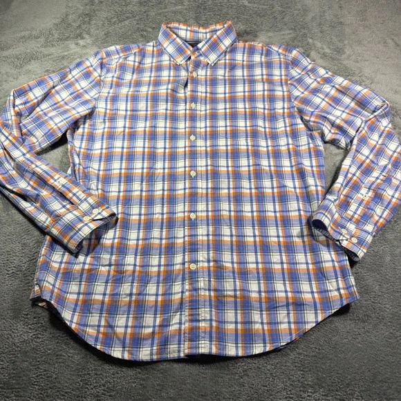 Banana Republic Mens Tailored Slim Fit Plaid Button Down Shirt Blue Orange L
