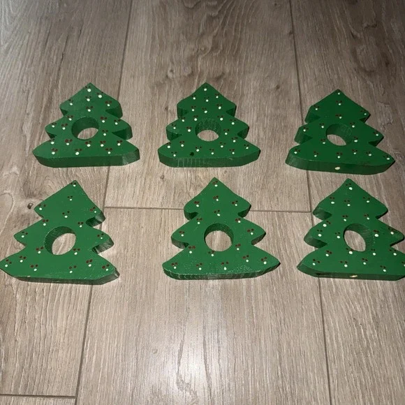 Vintage Wooden Green Christmas‎ Tree Napkin Rings Holders Set Of 6