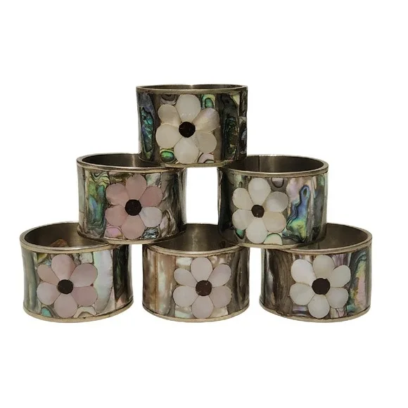 VINTAGE ABALONE Flowers MOTHER OF PEARL NAPKIN RING SET 6 Silver‎ Mexico