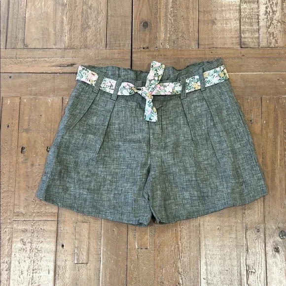 Fleurisse elie 100% linen green shorts with floral cloth belt girls 8