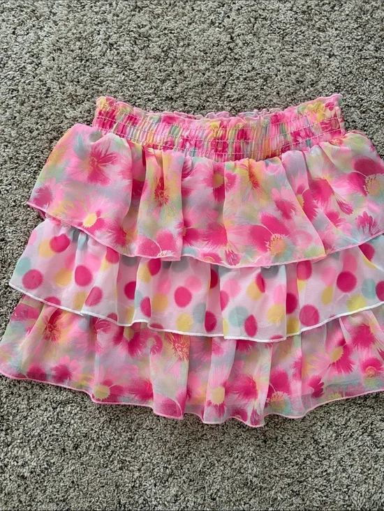 Faded Glory Pink Floral & Polka Dot Tiered Ruffle Skirt