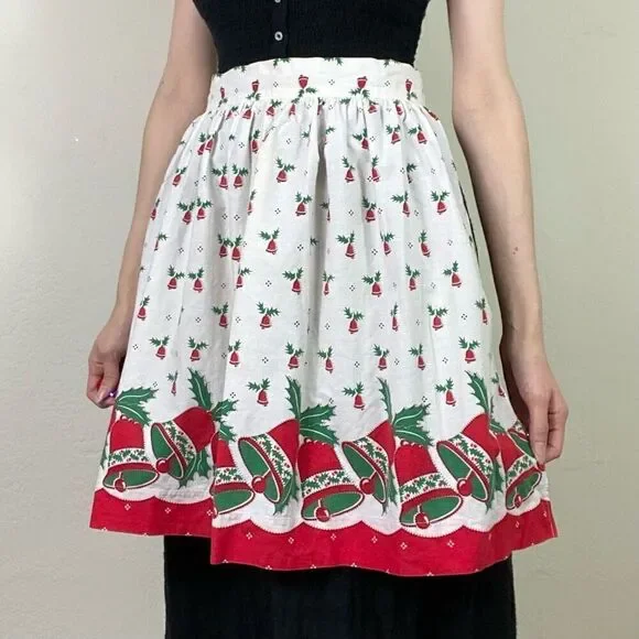 Vintage Christmas Xmas Holiday Holly Bell Pattern Half Apron Size S