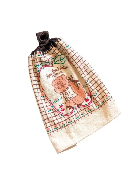 Vintage Kitchen Towel with Pig Theme and Crochet Hanging Loop & Button