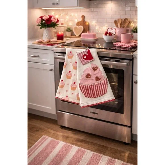 New Set 2 Valentines Day Love Pink Beaded W/ Fringe Cupcake Kitchen Towels