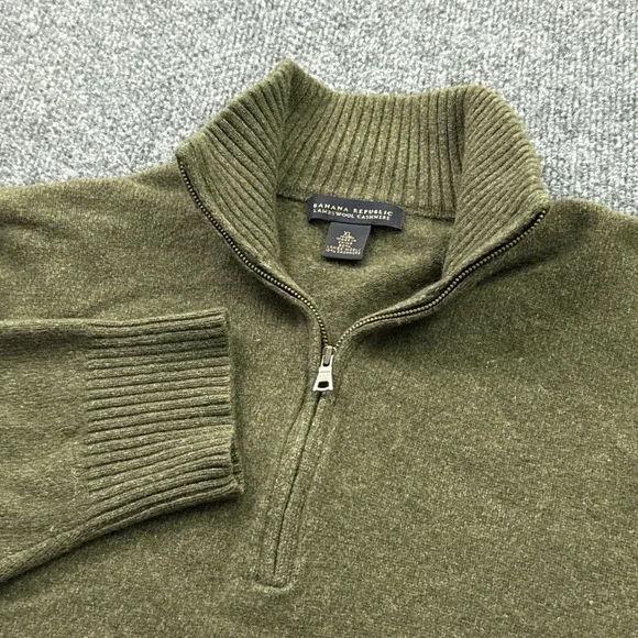Banana Republic Quarter Zip Sweater Mens XL Olive Green Lambswool Cashmere Knit