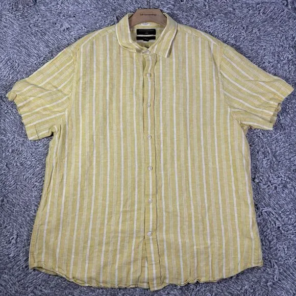 Banana Republic Linen Shirt Mens XL Slim Fit Shorts Sleeve Yellow Stripes Beach