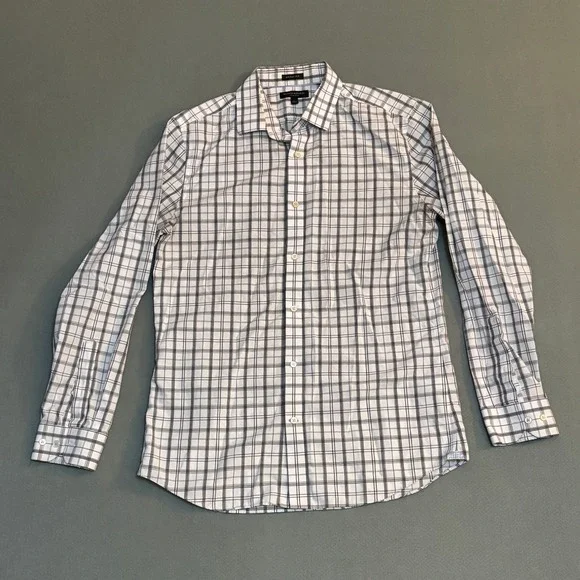 Banana Republic Mens Grant Fit Non-Iron Dress Shirt White Plaid Large 16-16.5