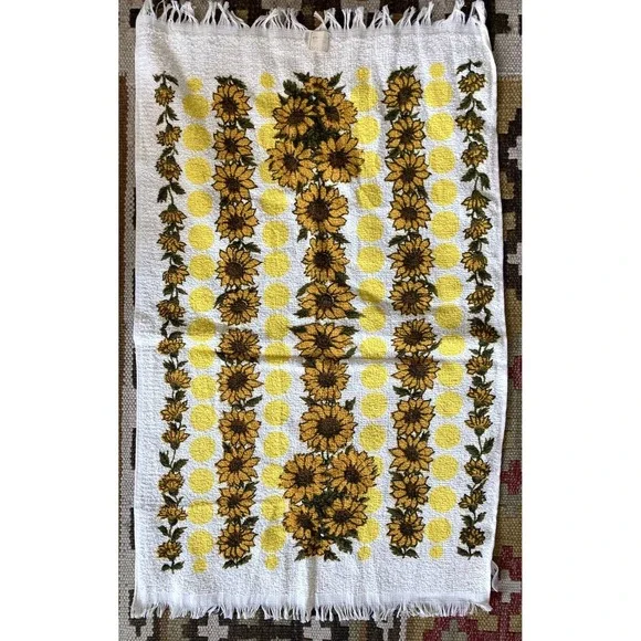 Vintage cotton terrycloth kitchen towel sunflowers & polka dots new w/ tag 1960s