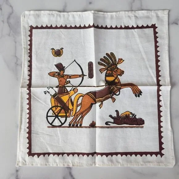 Vintage New Egyptian table cloth round 6 napkins cotton pharaoh chariot Egypt