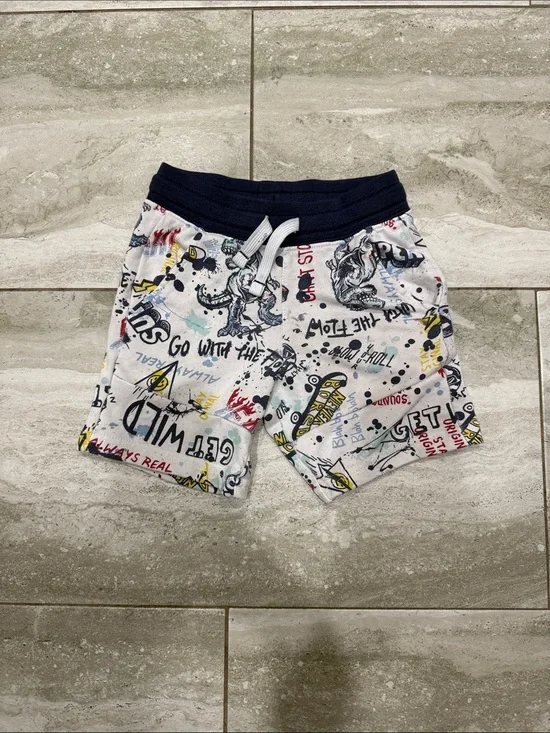 Graphic Drawstring Boys Shorts in White with Navy Waistband