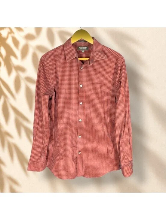 Banana Republic Shirt Men M Medium Red Plaid Button Up Wrinkle Resistant Slim