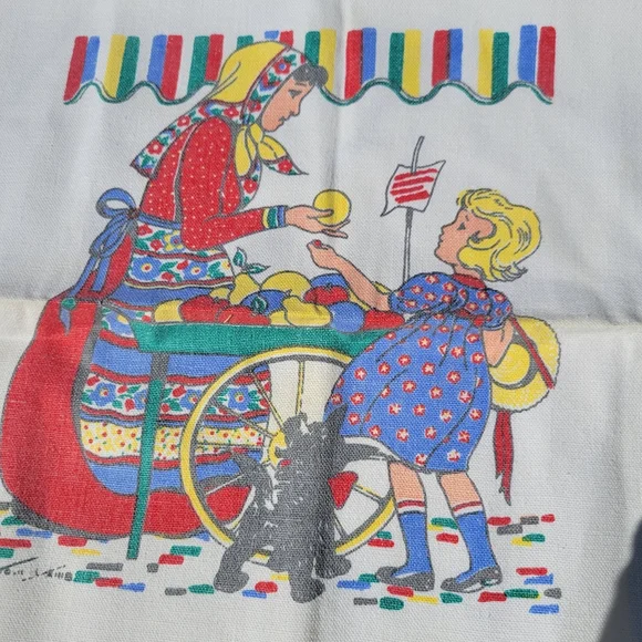 Vintage Tom Lamb Tea Towel ~ Girl at Market ~ 1940s - MCM ~ Colorful!