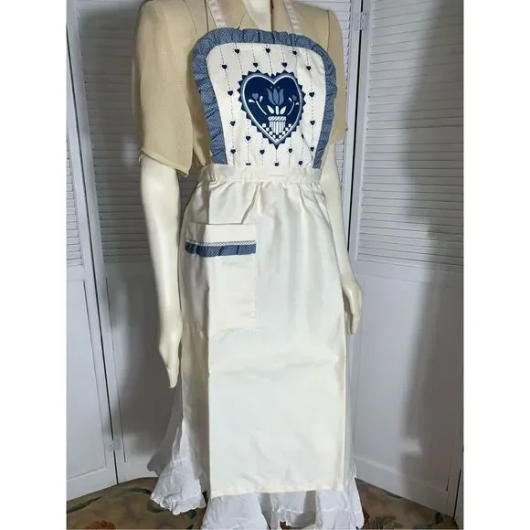 NWOT Vintage‎ Full Apron Blue Country Kitchen Blue Hearts Adult Size