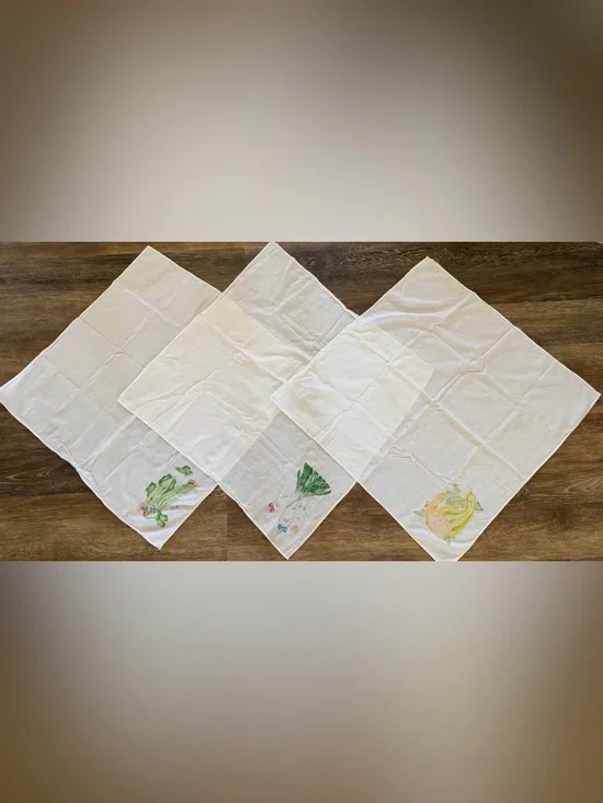 Vintage Hand Painted Vegetable Kitchen Towels Set of 3 White Linen Look